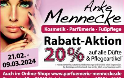 Rabatt-Aktion 20 % vom 21.02.-09.03.2024 bei Parfümerie-Kosmetik Mennecke