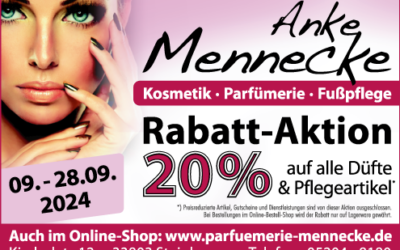 Rabatt-Aktion bei Parfümerie-Kosmetik Mennecke  20 % vom 9.9.-28.9.2024 auf alle Düfte und Pflegeprodukte