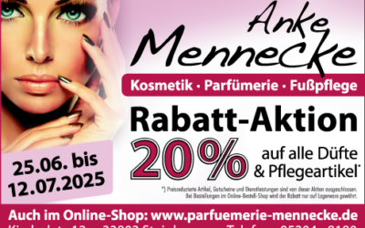 Rabatt-Aktion bei Parfümerie-Kosmetik Mennecke 20 % bis zum 12. Juli 2025 auf alle Düfte und Pflegeprodukte