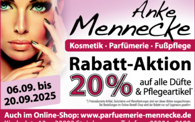 Rabatt-Aktion bei Parfümerie-Kosmetik Mennecke 20 % bis zum 20. Sept. 2025 auf alle Düfte und Pflegeprodukte