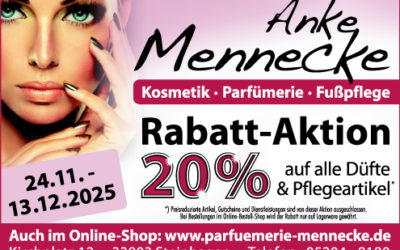 Weihnachts-Rabatt-Aktion bei Parfümerie-Kosmetik Mennecke 20 % vom 24.11.-13.12.2025 auf alle Düfte und Pflegeprodukte