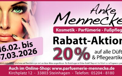 Rabatt-Aktion bei Parfümerie-Kosmetik Mennecke 20 % alle Düfte und Pflegeprodukte